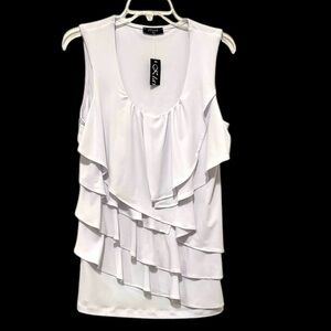 KLAVELI Sleeveless White Ruffled Tiered Blouse. NWT. Size Medium